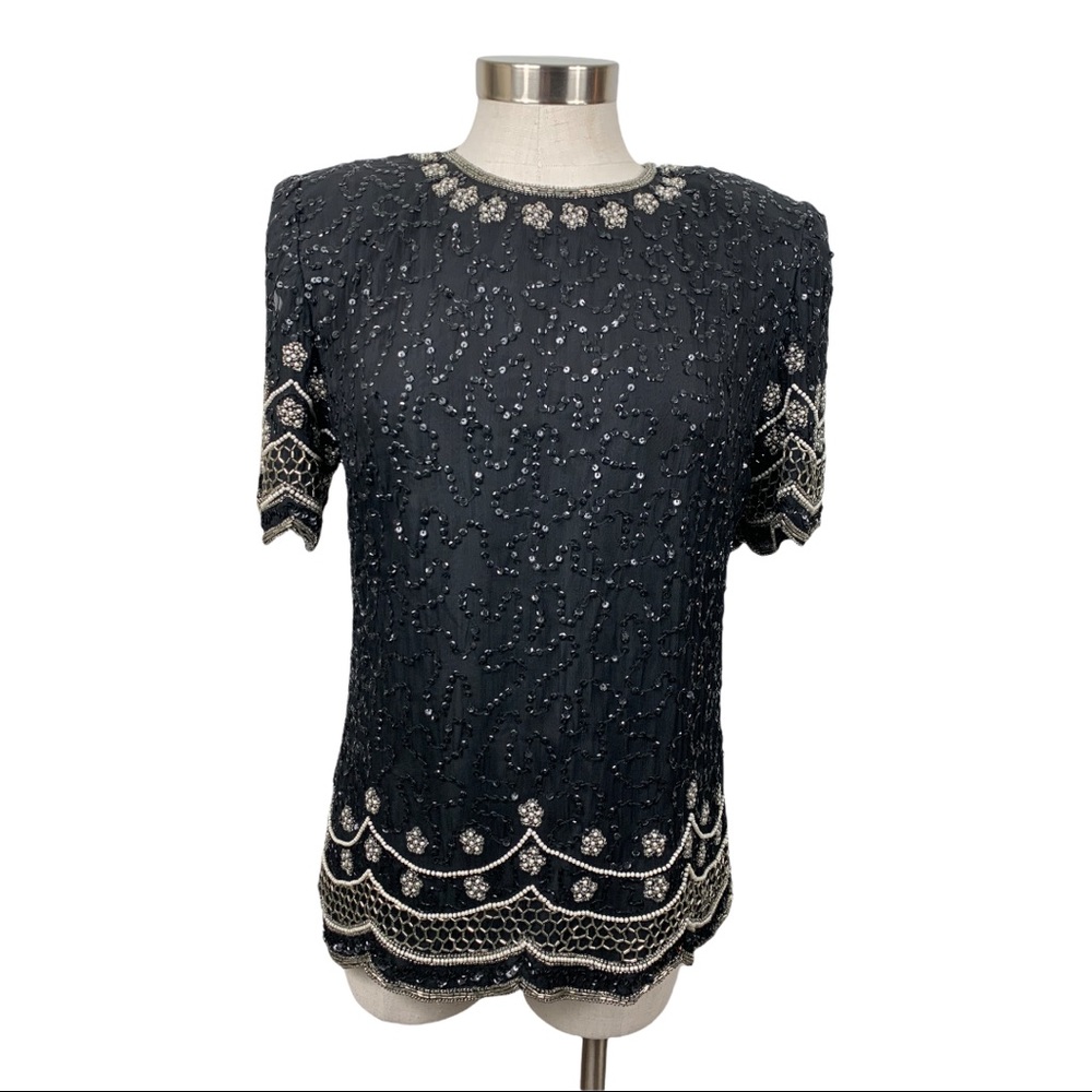 Laurence Kazar Vintage Black Beaded & Sequined Top Medium